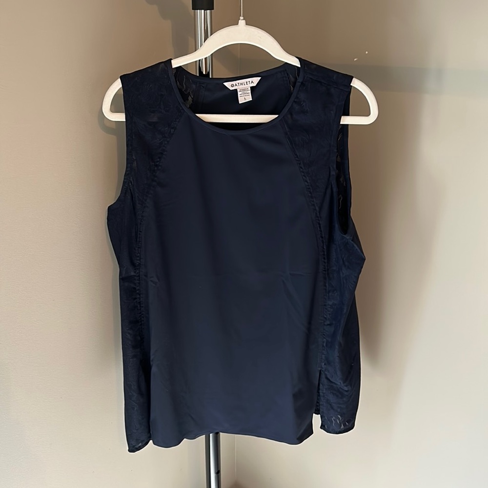 Athleta Zephyr Tank - size L - navy blue with lace detail